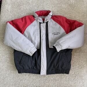 Vintage Peterbilt Turning Point Jacket Men XL Gray Red Bomber Insulated Workwear